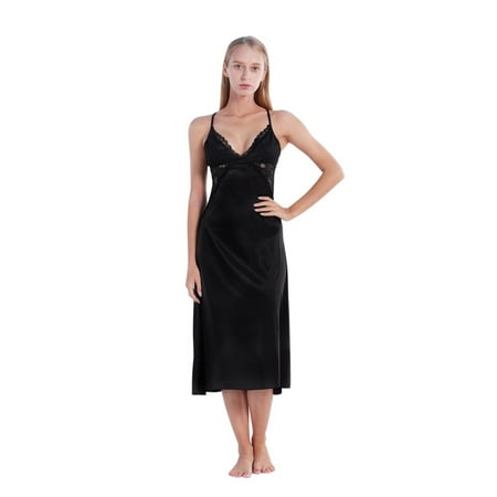 WBQ Womens Lingerie Lace Chemise Nightgown Satin V Neck Nightwear Silk Full Slip Lounge Dress