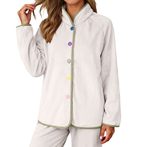 IWRICH Women's Soft Jacket Cozy Flannel Shirt Thermal Loungewear Top for Winter Comfortable Home Wear White XL