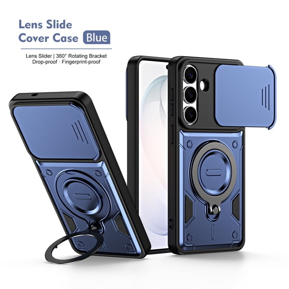 TECH CIRCLE for Samsung Galaxy A37 5G Case,Shockproof TPU PC Case with Slide Lens Protection Ring Holder Kickstand Cover,Dark Blue