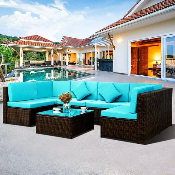 Outdoor Patio Furniture Sets, SEGMART New 7 Pieces Wicker Patio Furniture Set with Seat Cushions & Tempered Glass Coffee, Conversation Sets with 2 Pillows for Porch, Backyard, S7205