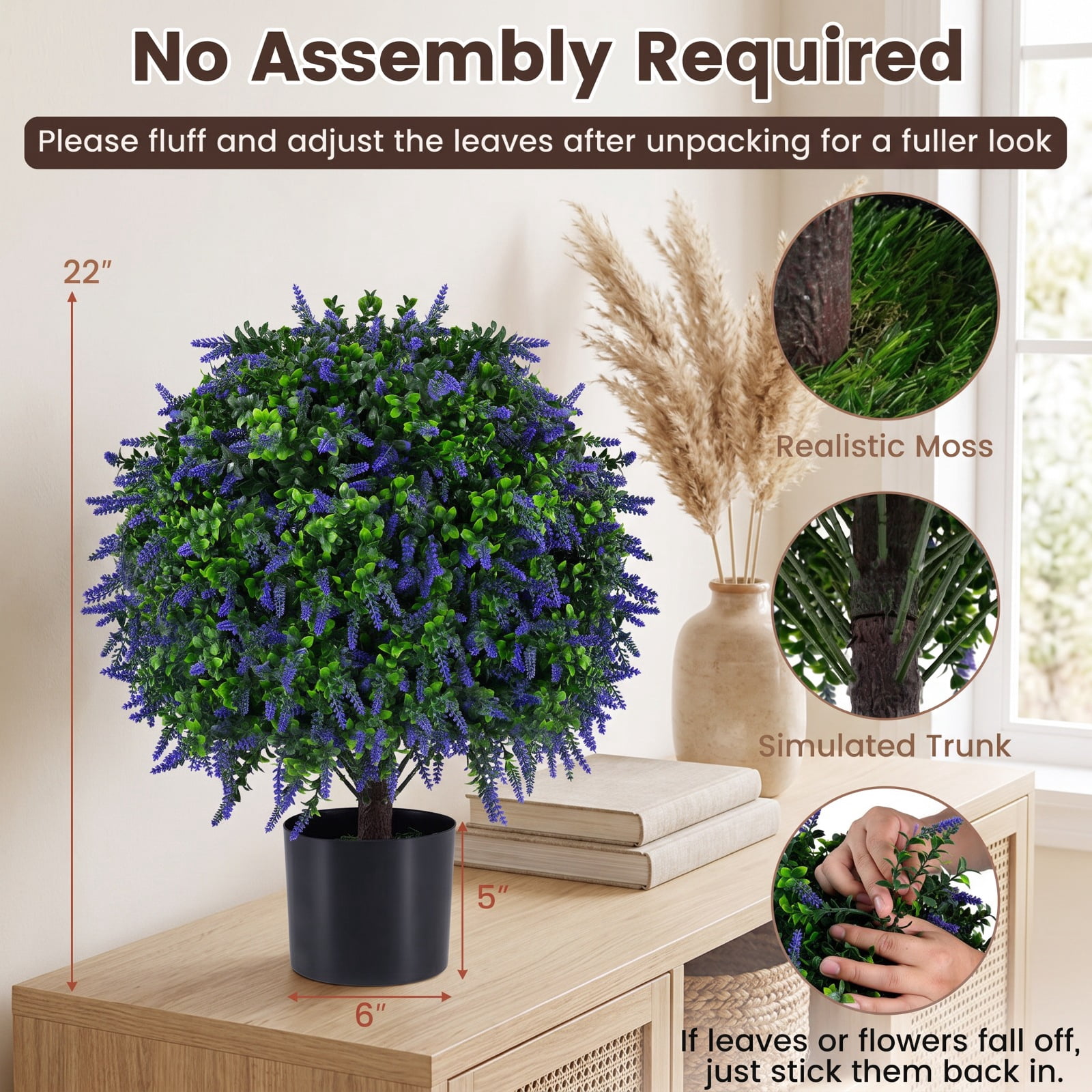 Vebreda Artificial Plant Decor, Set of 2 Artificial Lavender Topiary Ball Trees 22 inch Faux Lavender Potted Plants, Elegant Natural Look