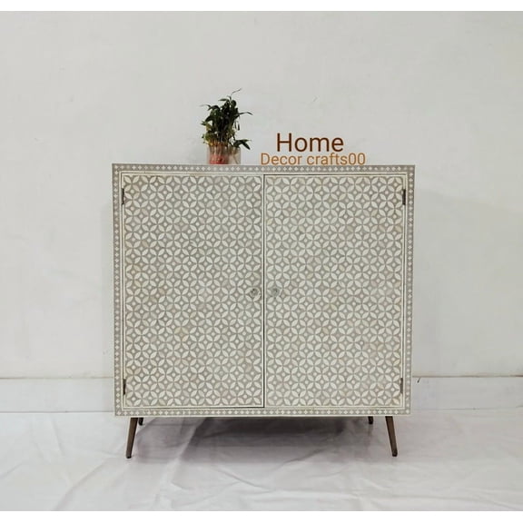 Handmade Bone Inlay Cabinet: Geometric 2-Door Storage Unit