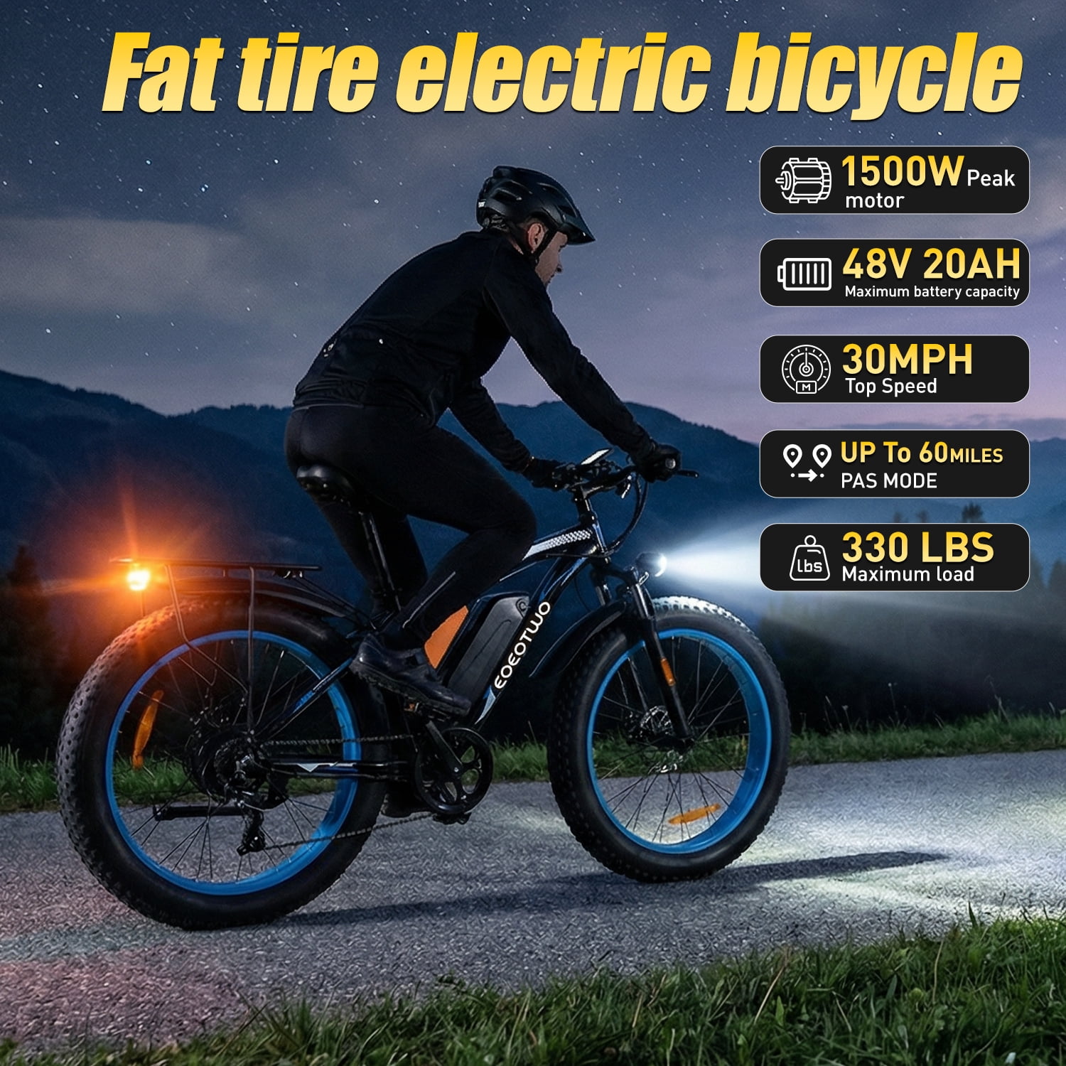 26" Fat Tire Electric Mountain Bike, 1500W Peak Motor, 30MPH Max Speed, 48V 20Ah Long-Range Battery Up to 80 Miles, 7-Speed, Front Suspension, Rear Rack, All-Terrain E-Bike