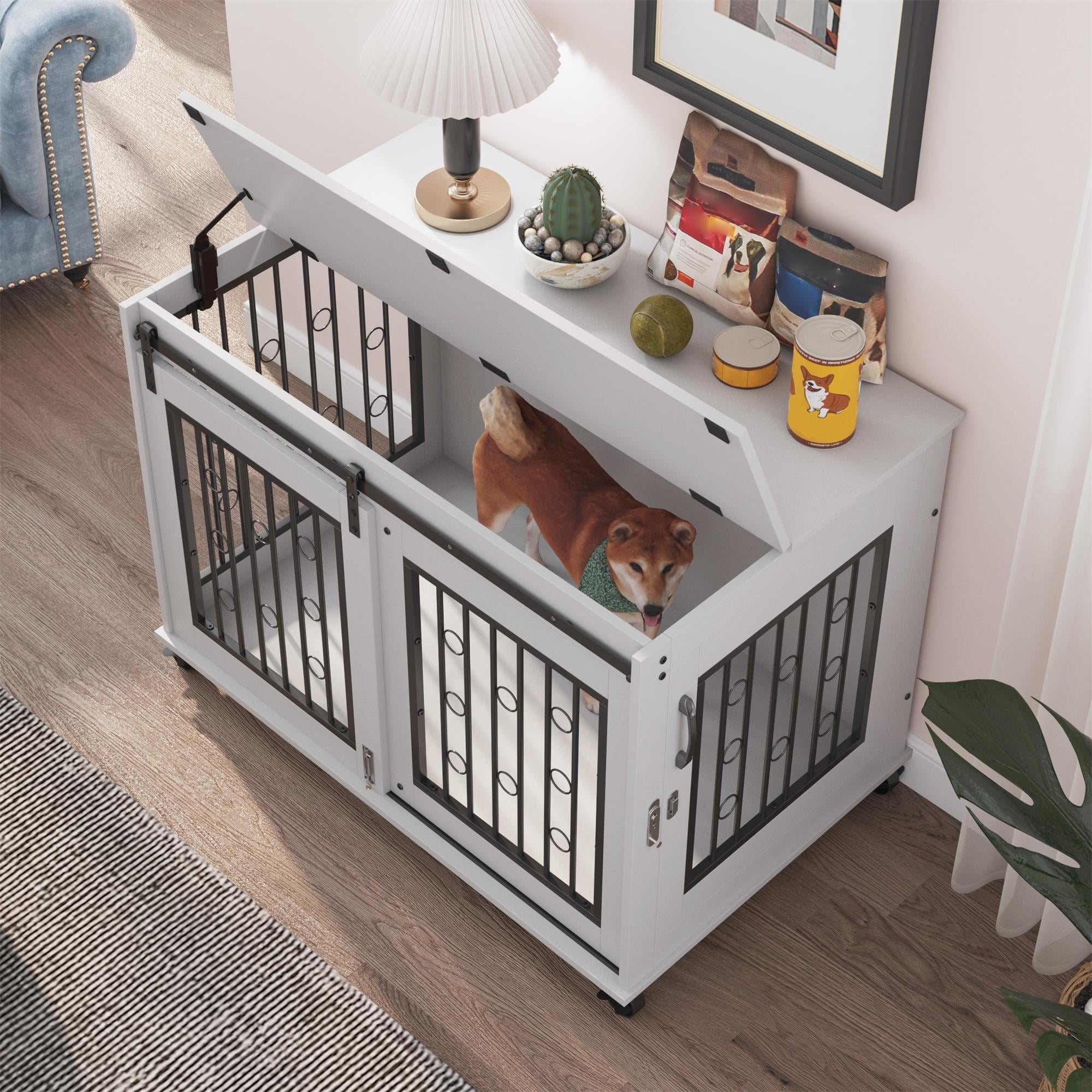 Pefilos 39" Wooden Dog Crate for Medium Dogs Indoor Sliding Door Dog Cage Furniture with Partition for Two Puppies Dog House, White Pefilos 39" Wooden Dog Crate for Medium Dogs Indoor Sliding Door Dog Cage Furniture with Partition for Two Puppies Dog House, White