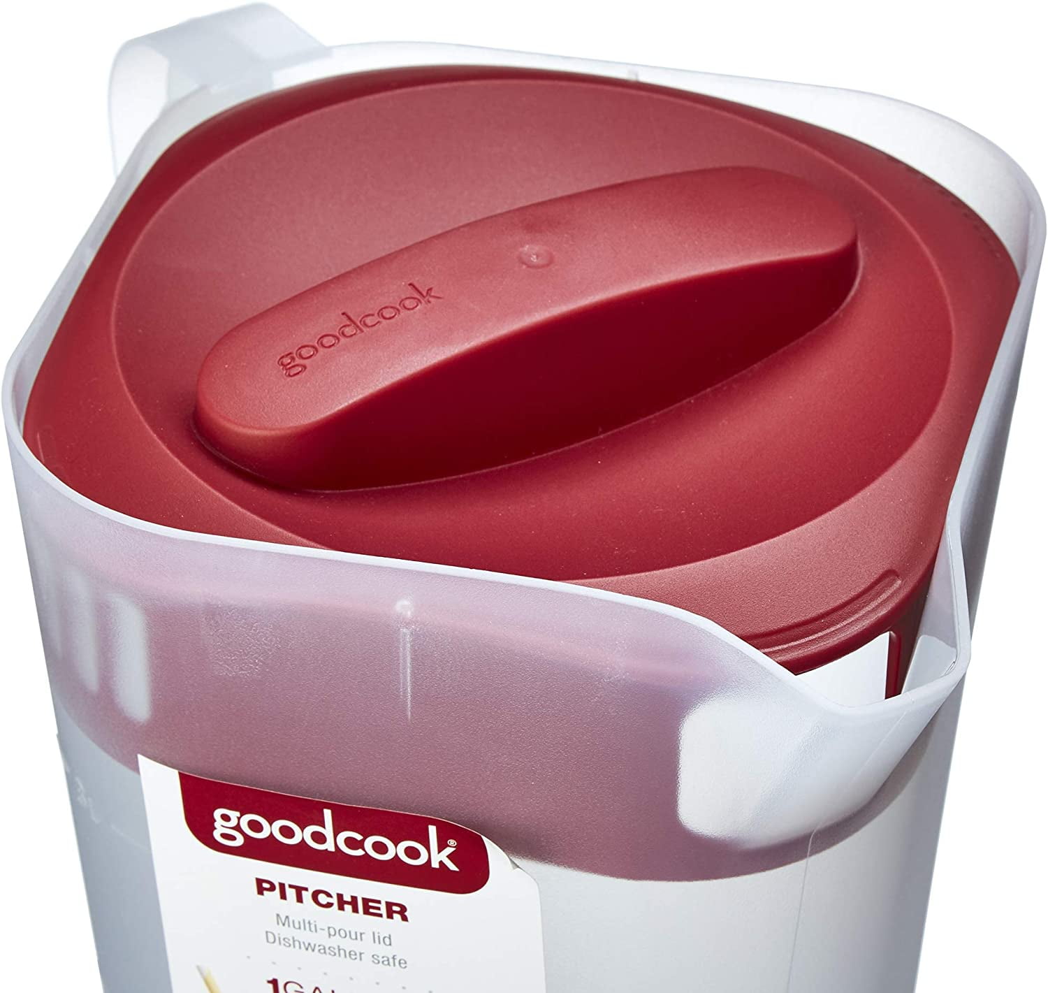 Goodcook 1 gallon plastic straining pitcher square lid with 3 strainers and close no spill, Dishwasher Safe, Clear and Red