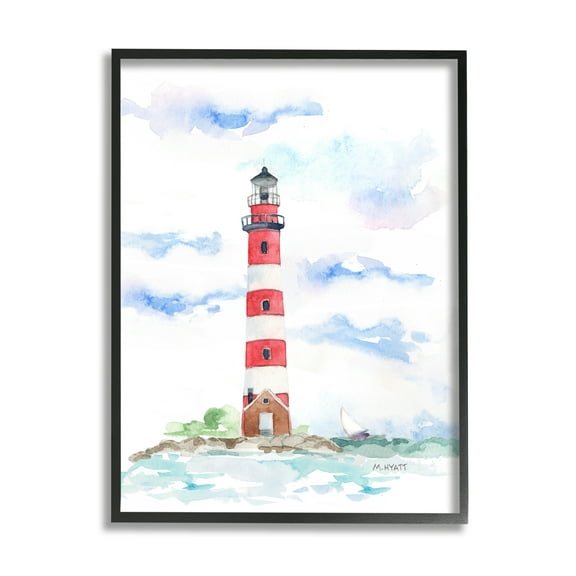 Stupell Industries Red Stripe Lighthouse Soft Coastal Landscape Black Framed, 24 x 30, Design by Melissa Hyatt LLC
