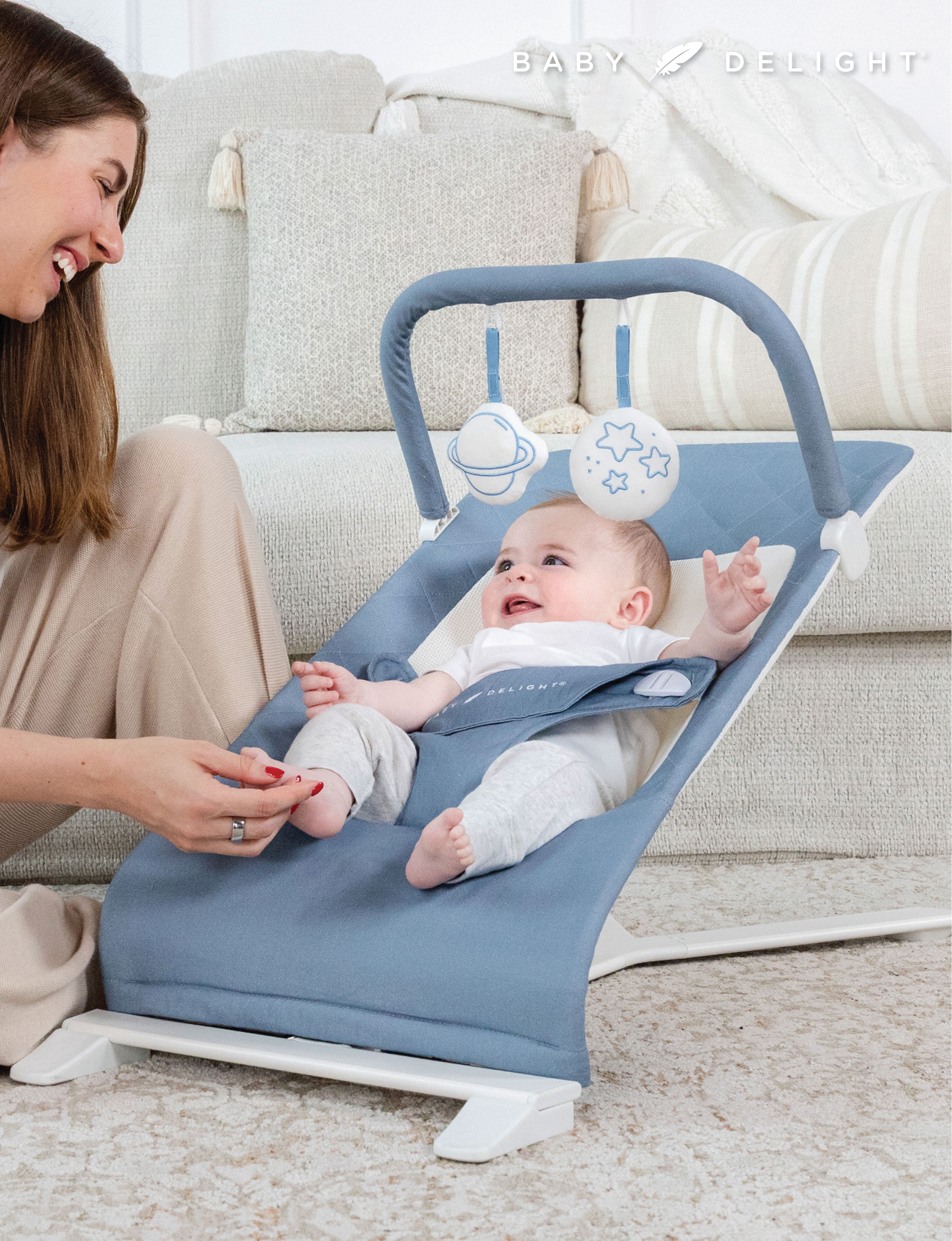 Baby Delight Alpine Organic Deluxe Portable Bouncer, for Infants 0-6 Months, Organic Dusty Blue
