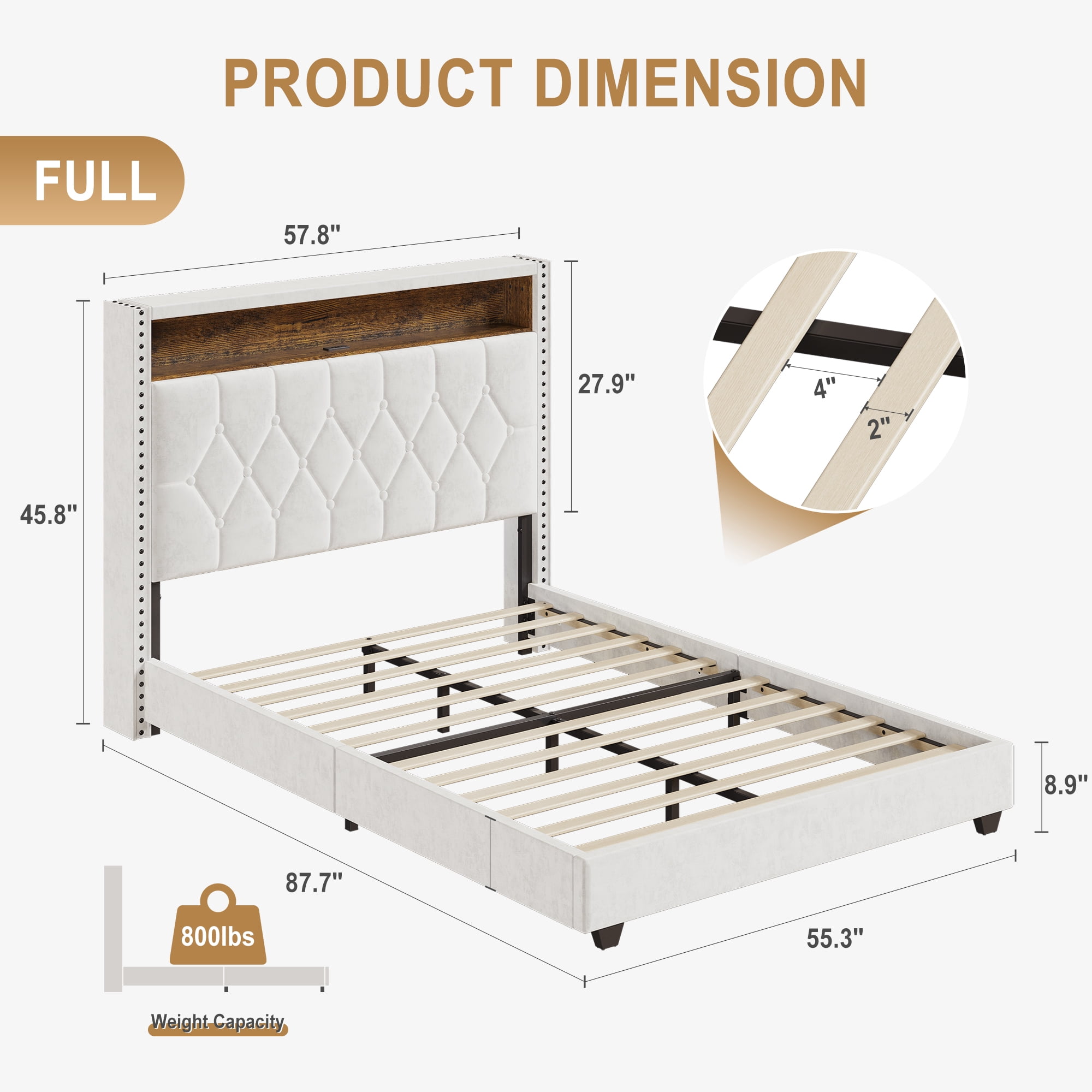 Senfot Full Size Bed Frame, Button Tufted Upholstered Headboard Platform Bed with Charging Station and Bookcase, Easy Assembly Bed Frame With Light, Noise-free, Stable, No Box Spring Needed