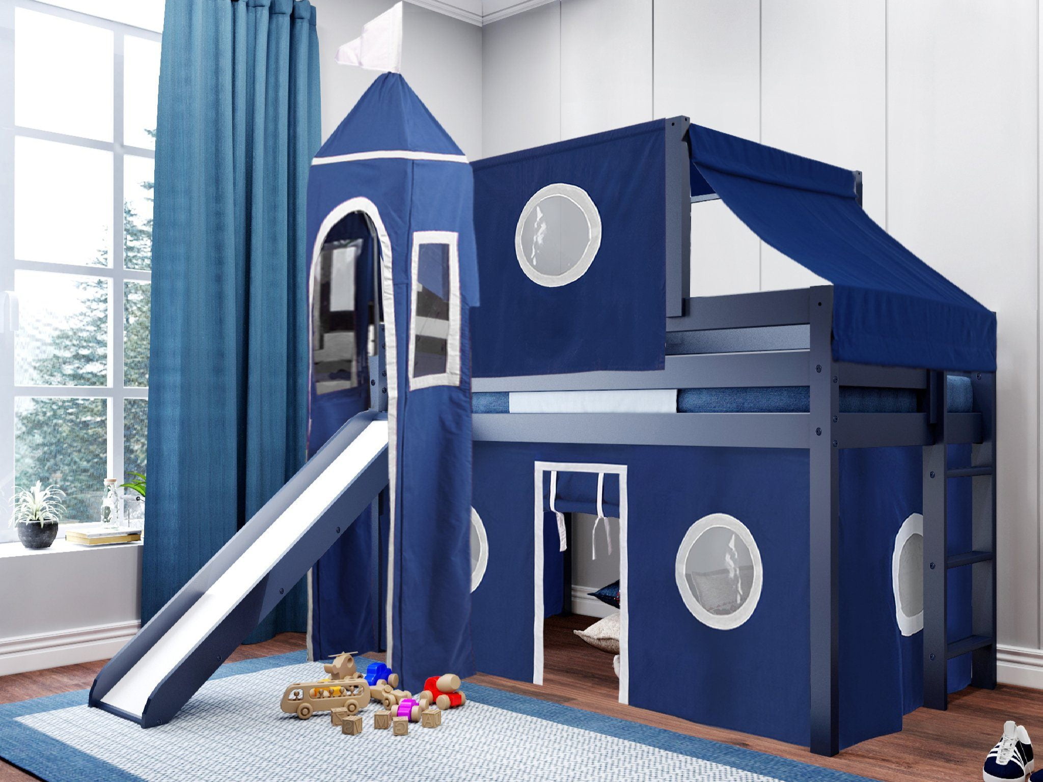 JACKPOT! Castle Low Loft Bed with Slide Blue & White Tent and Tower