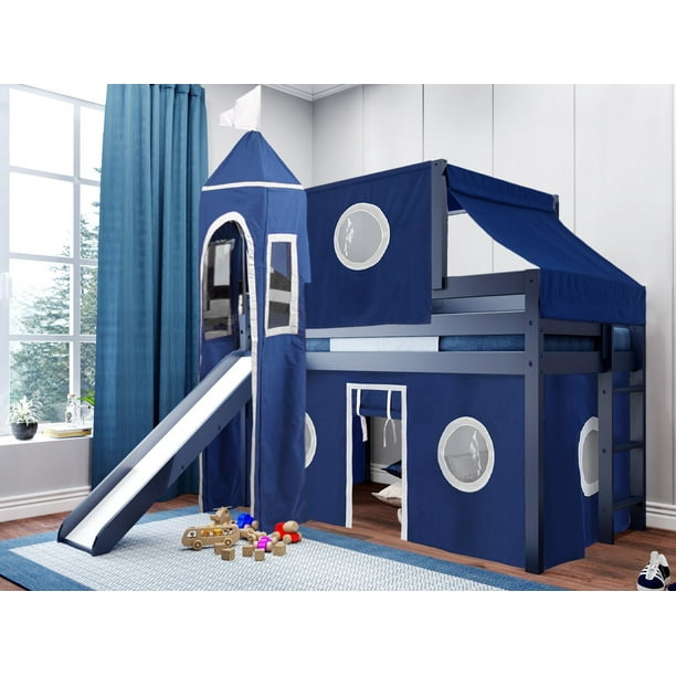 JACKPOT! Castle Low Loft Bed with Slide Blue & White Tent and Tower