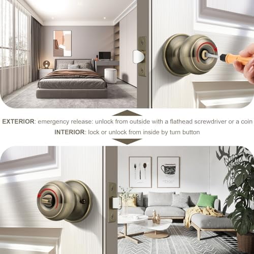 10 Pack Privacy Door Knobs Lock Interior Bedroom Bathroom Door Handle Antique Brass Round Ball Keyless Lockset