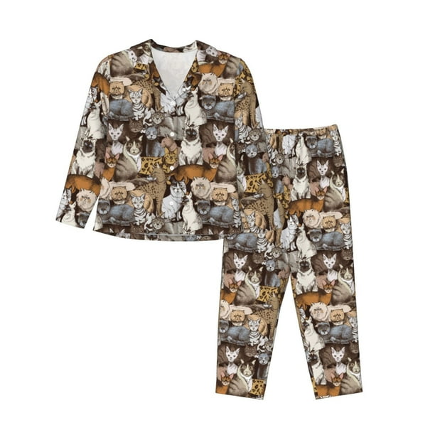 Fotbe Cut Cats Conjunto de Pijama de Manga Larga para Mujer con Estampado, Ropa de Dormir de 2 Piezas, Conjunto de Casa Suave y Cómodo con Bolsillos-Medium