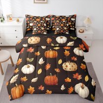 Homewish Botanical Pumpkin 7-Piece Twin Bedding Sets For Teens Boys Girls,Happy Autumn Harvest Bedding Comforter Set,Fall Tree Leaves Breathable Sheet Sets,Lightweight Room Decor,Reversible