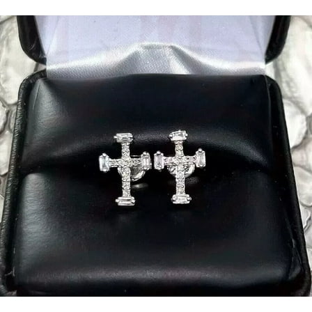 2 Ct Baguette Cut Lab Created Diamond 14K White Gold Plated Women Cross Stud Earring 925 Silver