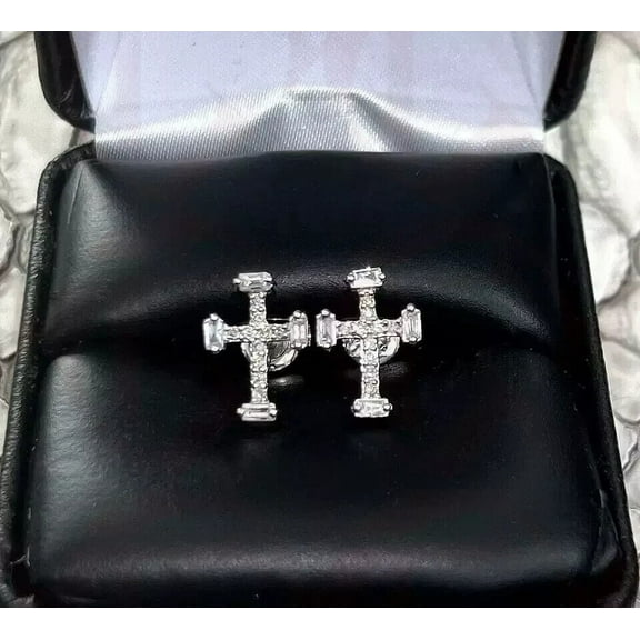 2 Ct Baguette Cut Lab Created Diamond 14K White Gold Plated Women Cross Stud Earring 925 Silver