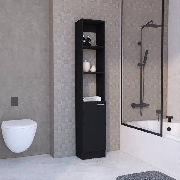 1 Door Linen Cabinet, Black. 6 Shelves With Adjustable Heights For Customized Organization. Made Quality Engineered Wood. Contemporary And Stylish Look. 71.35in H X 12.68in W 10.52in D Black Cabinet