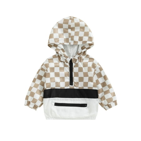 

Pudcoco Baby Hoodies Long Sleeve Half Zip Checkerboard Print Loose Windbreaker Jackets
