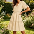 thumbnail image 6 of Guieoi Summer Dresses for Women Plus Size Striped V-Neck Pleated Casual Mini Beach Midi Dress with Pockets Yellow M, 6 of 9