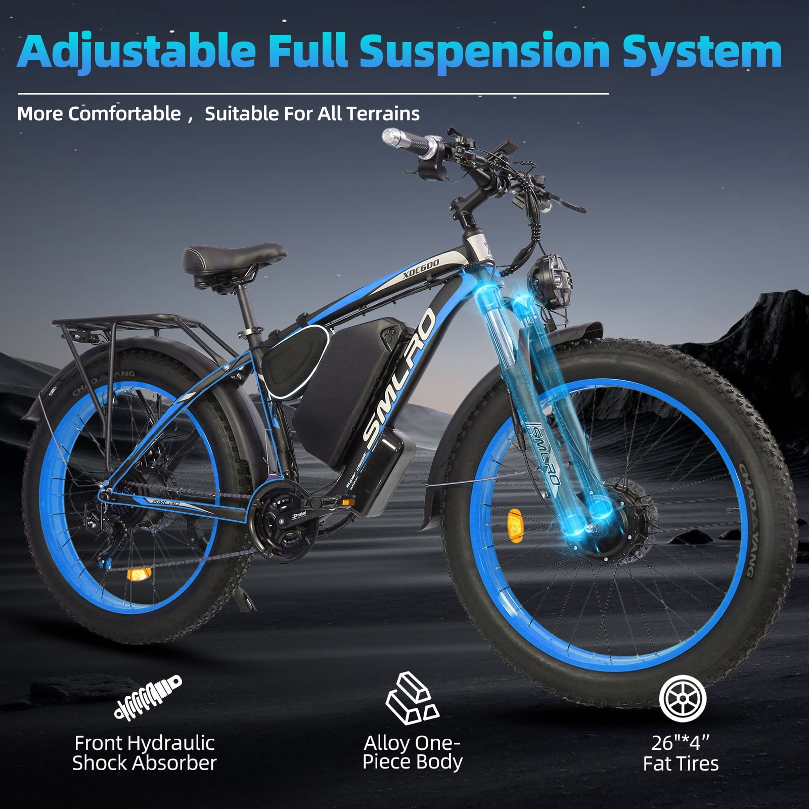 Electric Bike for Adults, 26x4.0 Fat Tire E-Mountain Bicycle, Peak 5000W Motor 52V-30Ah, Mountain Bike Beach Snow Ebike for Men, Blue