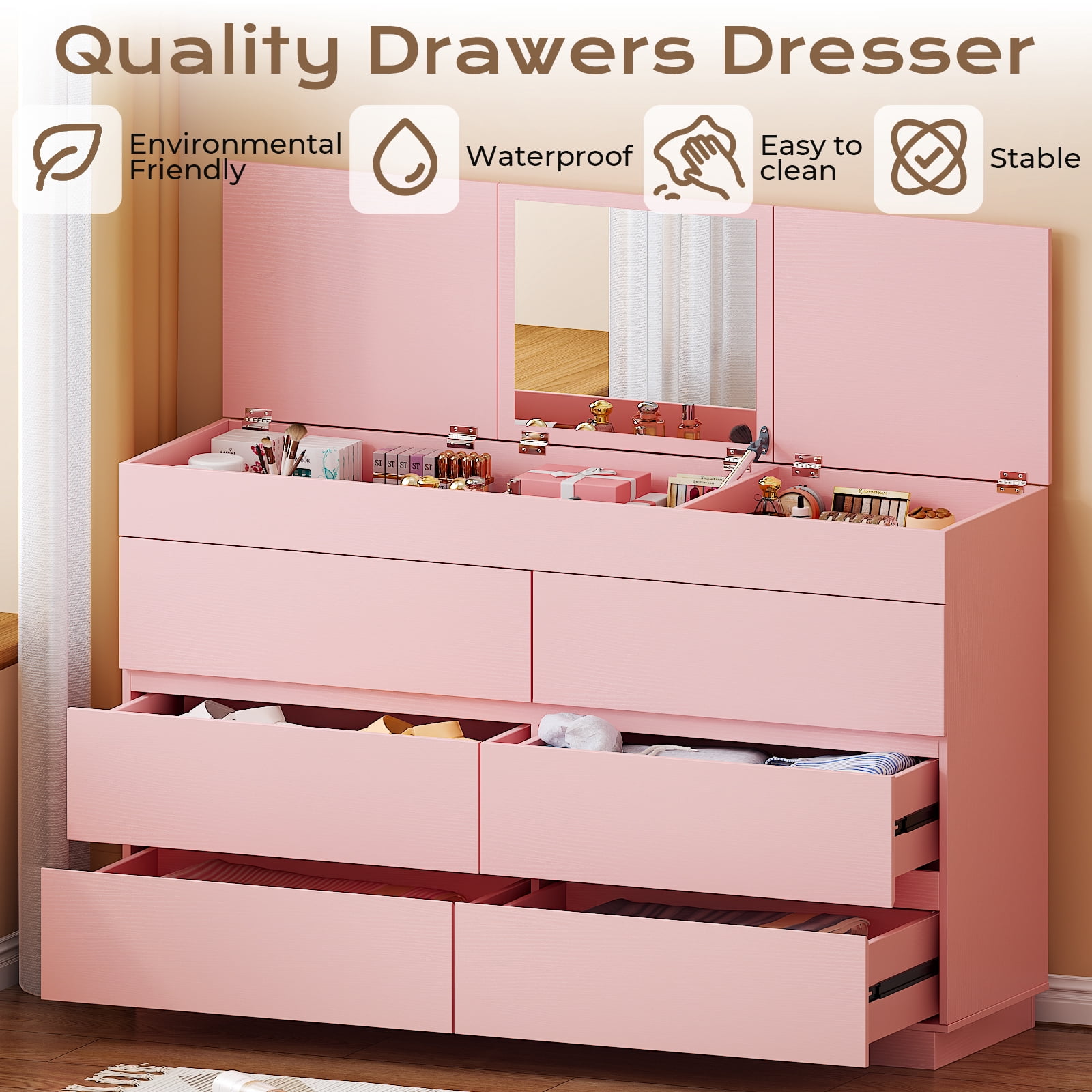 Ktaxon, 6 Drawer Double Dresser, Pink, Wood Storage Cabinet