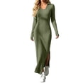 thumbnail image 3 of Tqcoqu Women's Solid Ribbed Knit Maxi Dresses,Lapel V Neck Long Sleeve Slim Fit Dress,Side Slit Business Elegant Maxi Dress,Army Green Women's S-XXL, 3 of 7