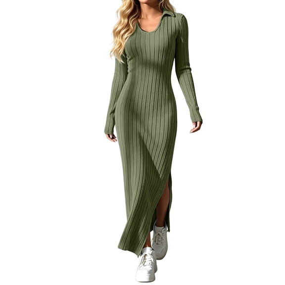 MaFYtyTPR Women Long Sleeve Maxi Dress Ribbed Knit V-Neck Slim Fitted Casual Midi Sweater Dress with Side Split for Fall Winter A-Army Green L