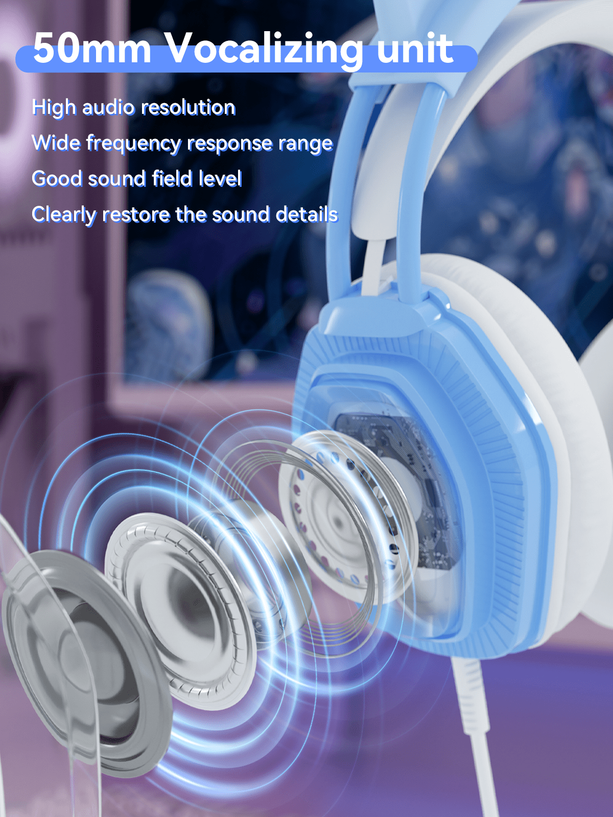 Wantek V10 Cat Ear Style Gaming Headset with comfortable fit and vibrant RGB lighting, Hi-Fi Sound - Blue