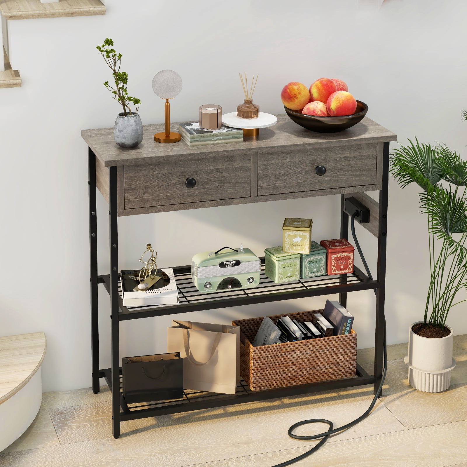 Giantex Console Table w/Outlets , Entryway Table w/USB Ports, Narrow Sofa Table, Entry Hallway Table, Grey