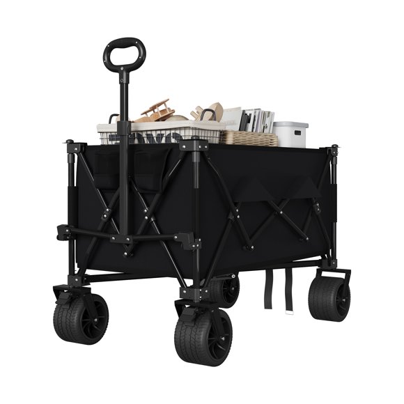 Collapsible Garden Wagon – Heavy Duty 350 lb, 280L – All-Terrain Wheels – Iron Frame – Flexible Handle – Cup Holders & Side Pocket – Yard, Patio & Beach – Black