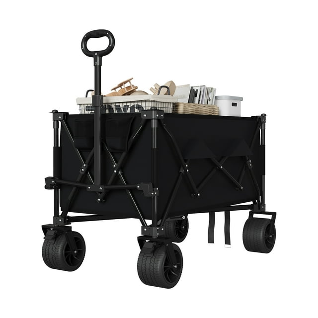 Collapsible Garden Wagon – Heavy Duty 350 lb, 280L – All-Terrain Wheels – Iron Frame – Flexible Handle – Cup Holders & Side Pocket – Yard, Patio & Beach – Black