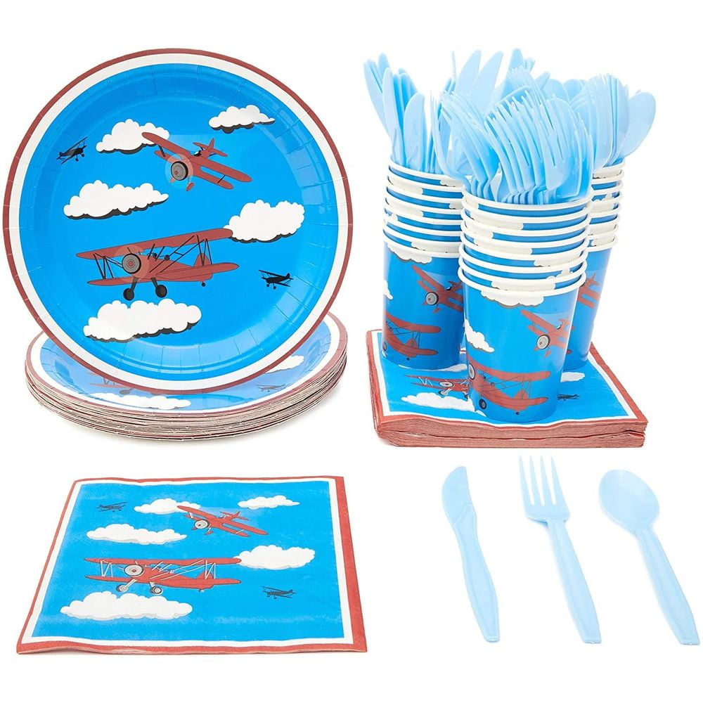 Serves 24 Airplane Party Decorations, Disposable Paper Plates, Napkins, Cups for Kids Birthday