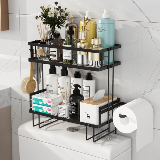 Organizadores de baño Godboat, 2 niveles, para colocar sobre el inodoro, color negro