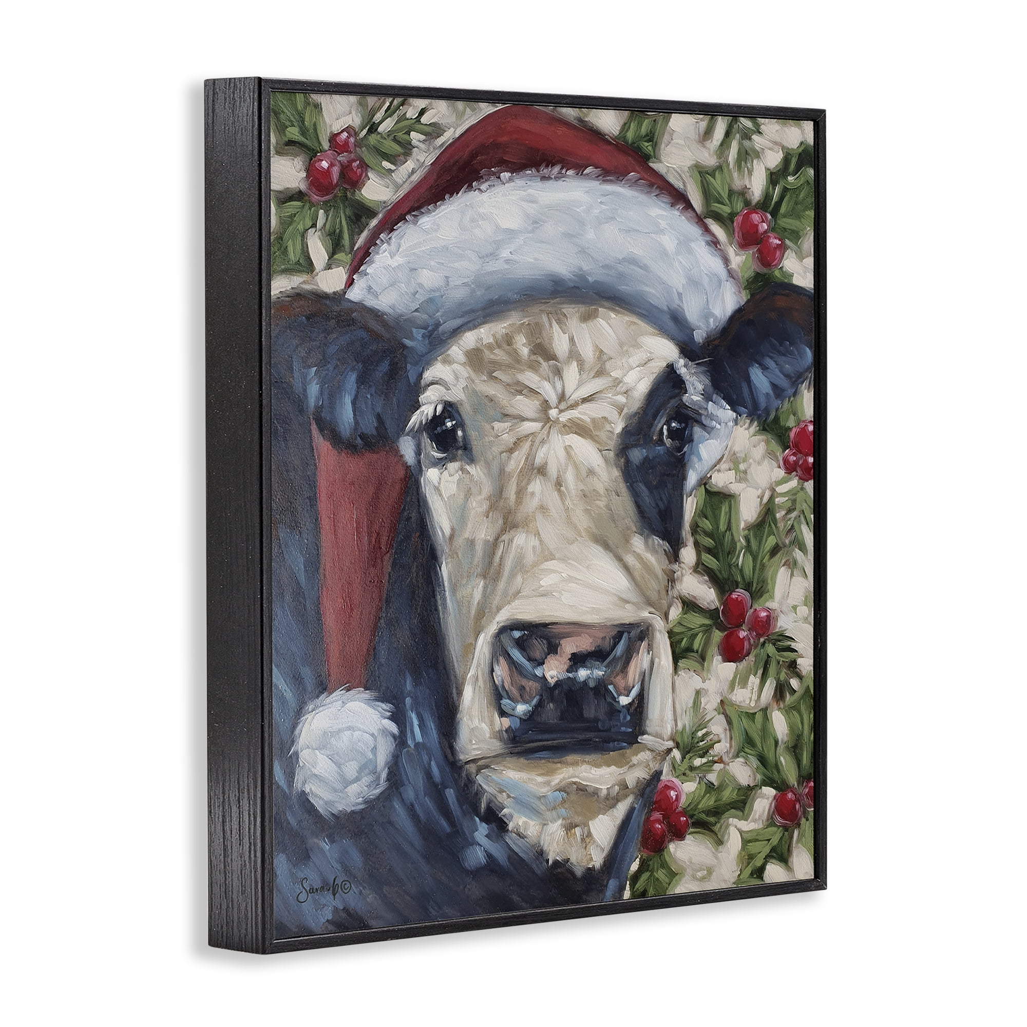 Stupell Industries Cow with Festive Holly Holiday Painting Black Framed Art Print Wall Art, 24 x 30