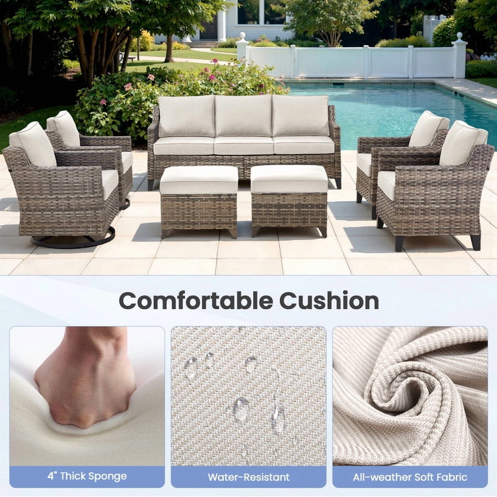 PARKWELL 4 Piece Outdoor Patio Furniture Set with Fire Pit Table,All-Weather Conversation Set with Luxury 4-Inch Thick Cushions,Swivel Glider Chair,5-Seat Furniture Sets for Deck, Backyard,Gray/Beige