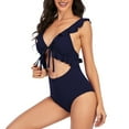 thumbnail image 2 of UTSJKR Women's Ruffle Flounce One Piece Bathing Suit Cutout V Neck Backless Swimwear Tie Front Adjustable Frenum Flounce Bikinis Navy M, 2 of 5