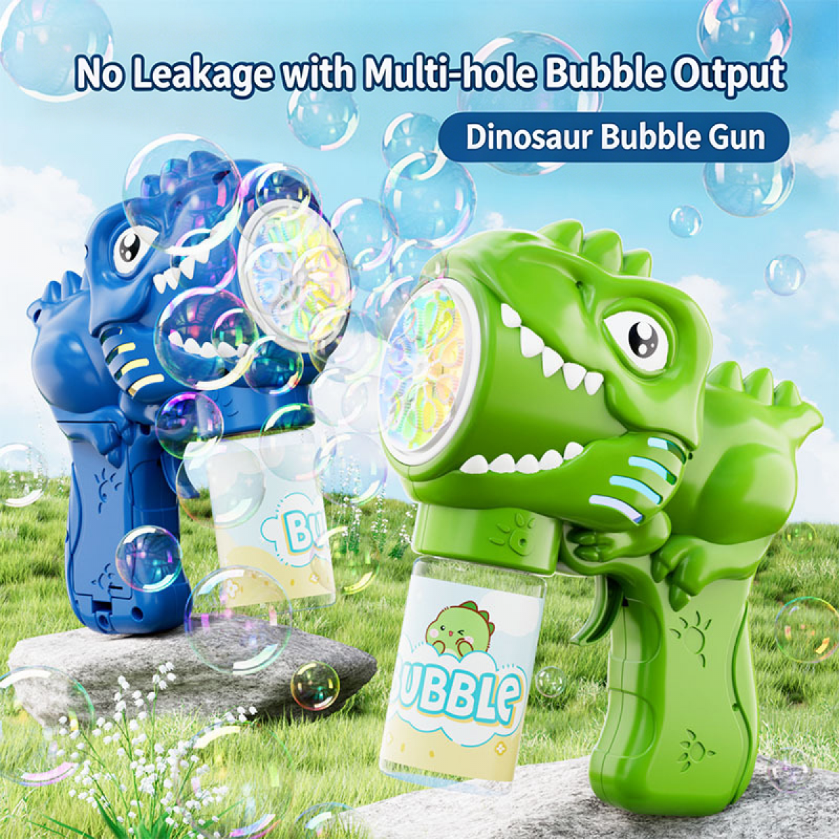 Dinosaur Bubbles Machine Handled Bubble Blower Maker with 6-Holes Automatic Bubbles for Kids Outdoor Play Party Gifts-Green