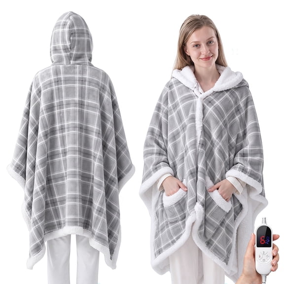 ELEKA Wearable Heated Blanket with Pocket,Electric Blanket with Hoodie,6 Heating Levels,12 Hours Heating Time Settings,Gray Plaid,50"x65"