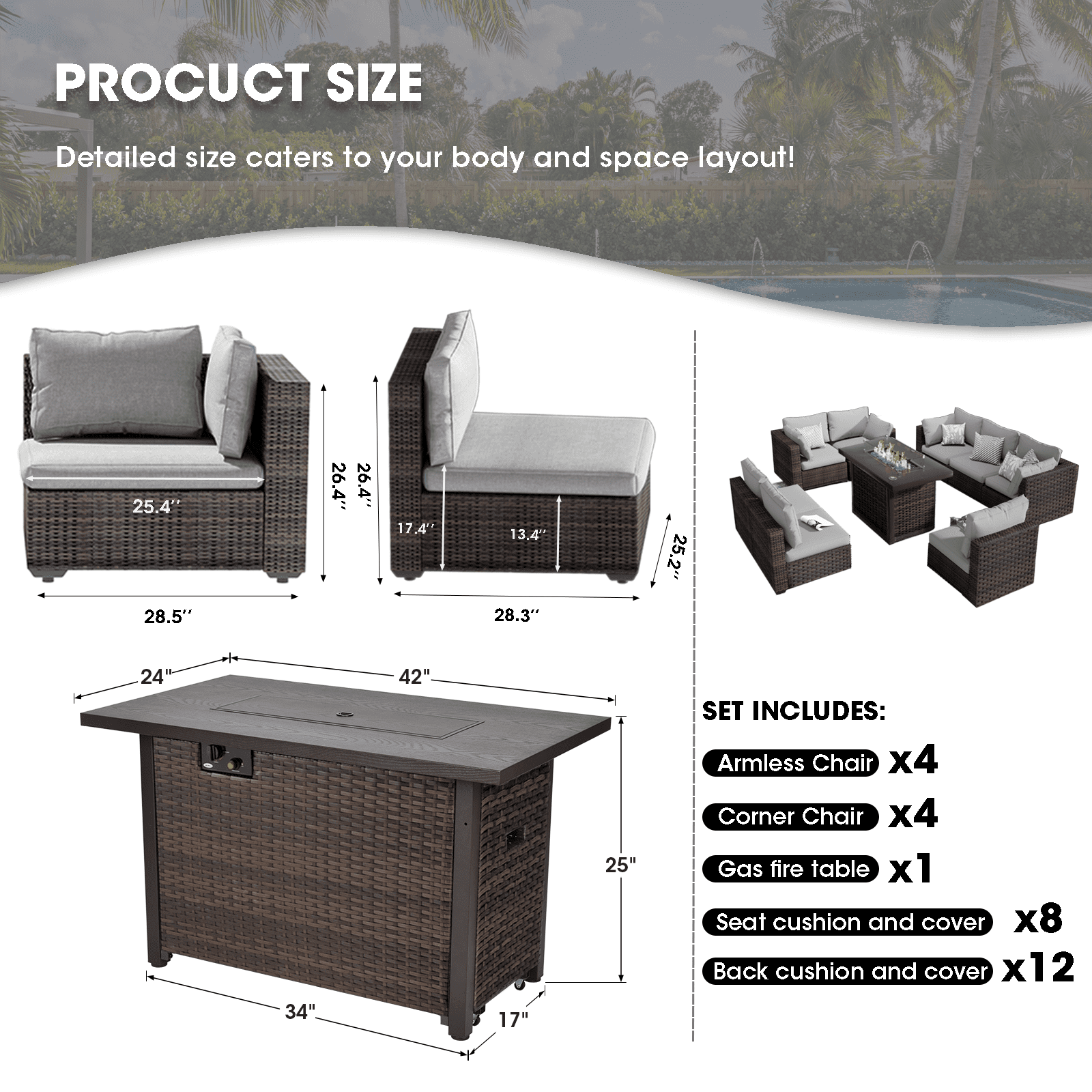 Gaildon 7 Piece Patio Furniture Set with Fire Pit Table, All Weather Outdoor Sectional PE Rattan, Patio Conversation Sets with Cushions for Garden Lawn Balcony Porch Deck, Grey