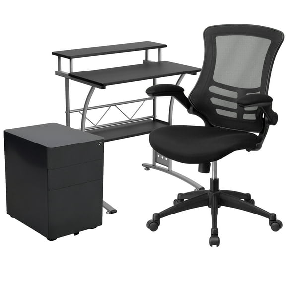Flash Furniture Calder Work From Home Kit - Black Computer Desk, Ergonomic Mesh Office Chair and Locking Mobile Filing Cabinet with Side Handles
