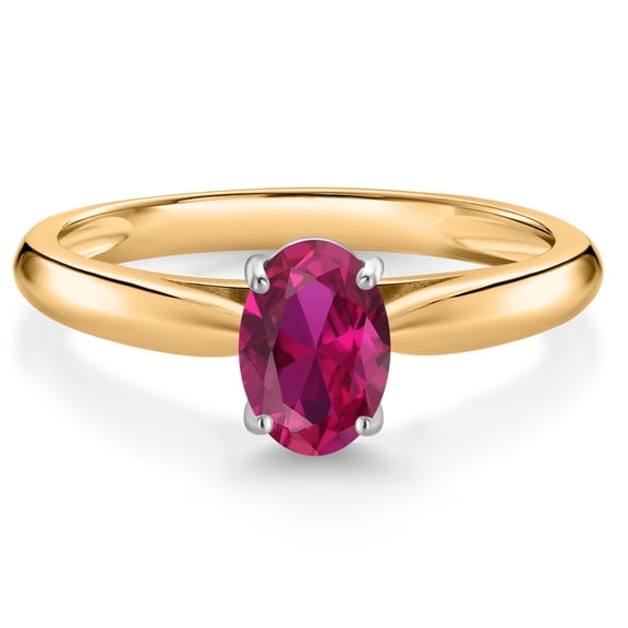 Gem Stone King 10K Yellow Gold Red Created Ruby Solitaire Engagement Ring for Women (0.85 Cttw, Oval 7X5MM, Gemstone July Birthstone, Size 7)