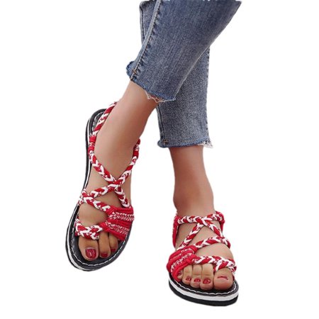 

PANOEGSN Summer Ladies Sandals Open Toes Flat Heel Bohemian Roman Sandals Casual Flip Flops Ethnic Style Women s Shoes