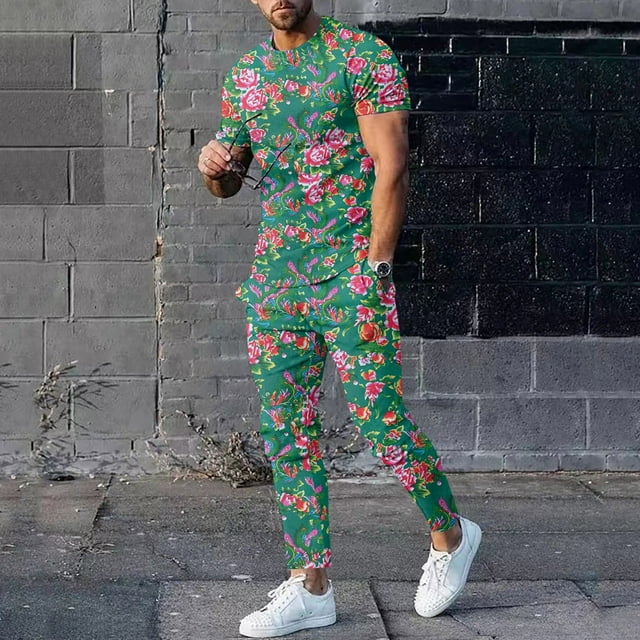 Ensemble de Complets pour Hommes à Imprimé Floral Moderne pour le Printemps et l'Automne avec Haut à Manches Longues à Col Rond et Bas Coordonnés Tenue Décontractée Élégante pour Hommes