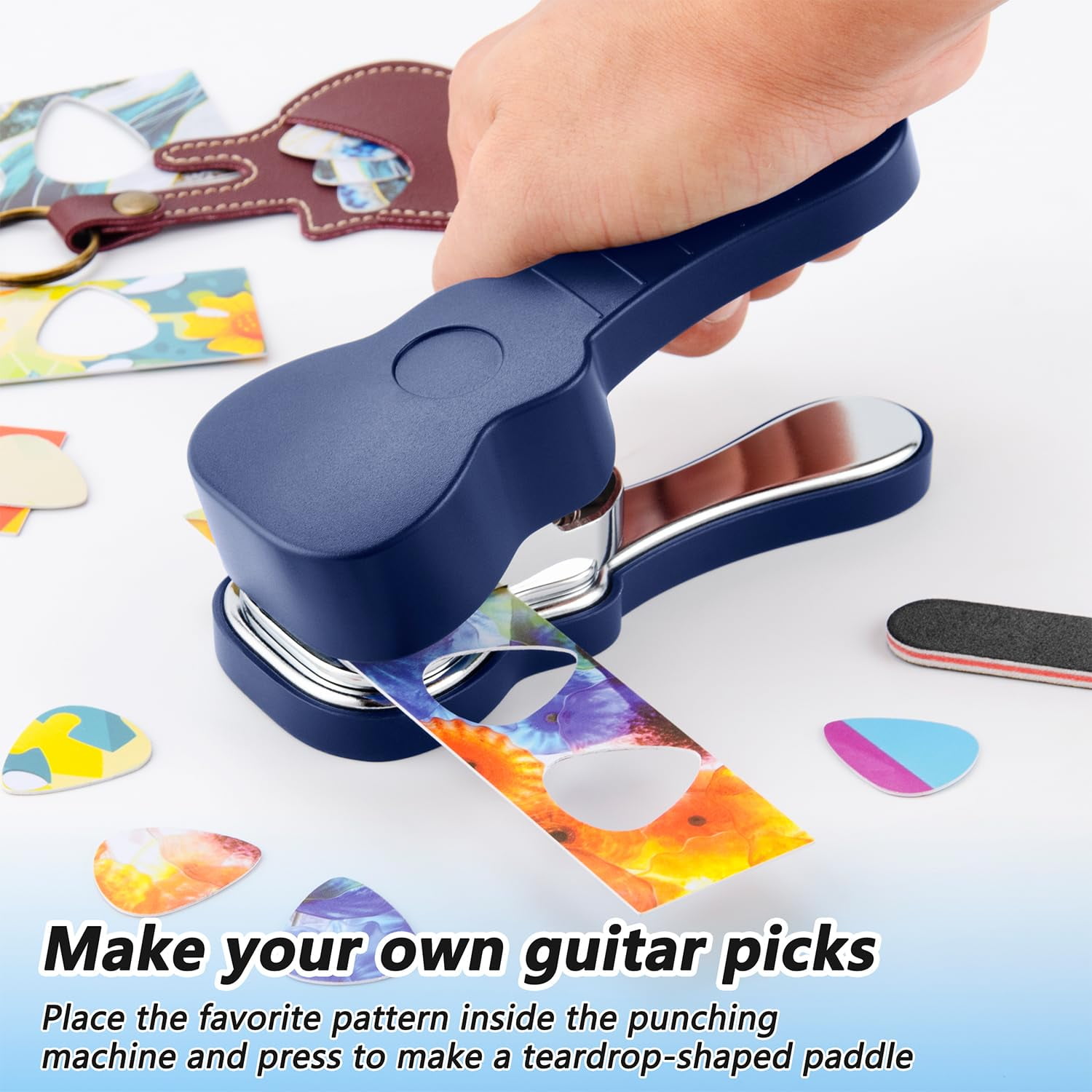 metal guitar pick punch tool with ergonomic handle and stainless steel cutting blade