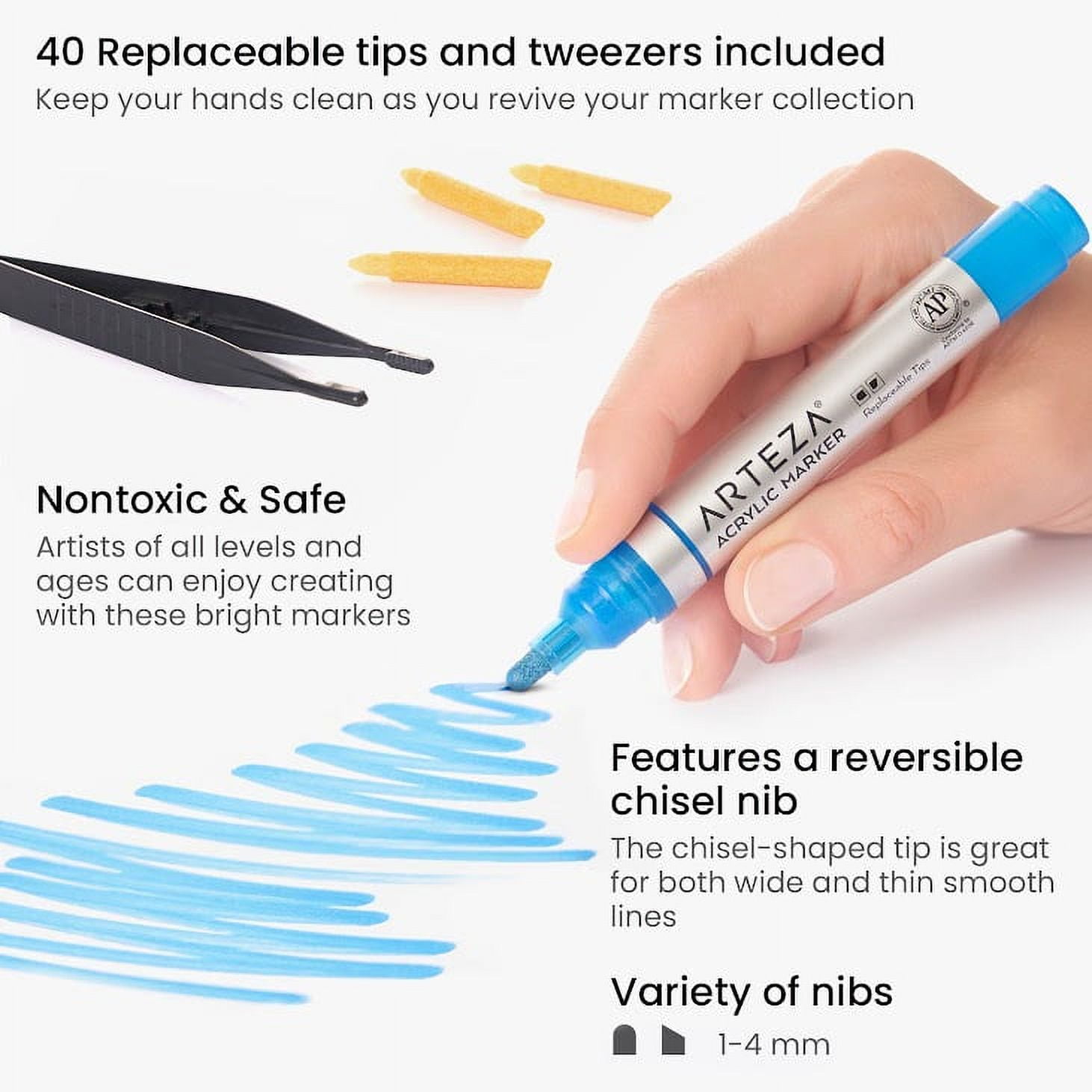 Arteza Acrylic Art Markers, Replaceable Chisel Tip, Classic and Metallic Colors, 40 Count
