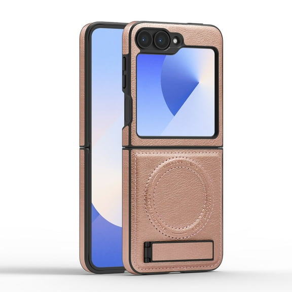 Allytechgroup Luxury Case for Samsung Galaxy Z Flip 5 with Hidden Kickstand, [Compatible with MagSafe], Premium PU Leather Soft TPU Inner Shockproof Anti-Fall Protective Slim Fashion Case, Rosegold