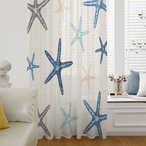 Navy Blue Beige Starfish Sheer Curtains 84 Inch Length, Light Filtering Voile Curtain Panel, Coastal Summer Beach Vintage Rod Pocket Drapes Window Treatments for Living Room Bedroom 52"x84"