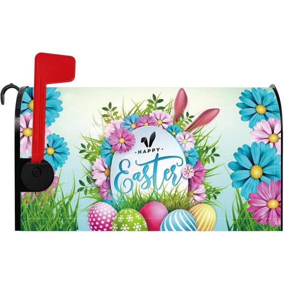 Happy Easter Mailbox Cover Lovely Bunny Ears Painting Eggs Spring Floral Magnetic Mailbox Cover Standard Size 18x21 Inch Waterproof Durable Mail Box Wrap Post Box Covers for Outdoor Garden