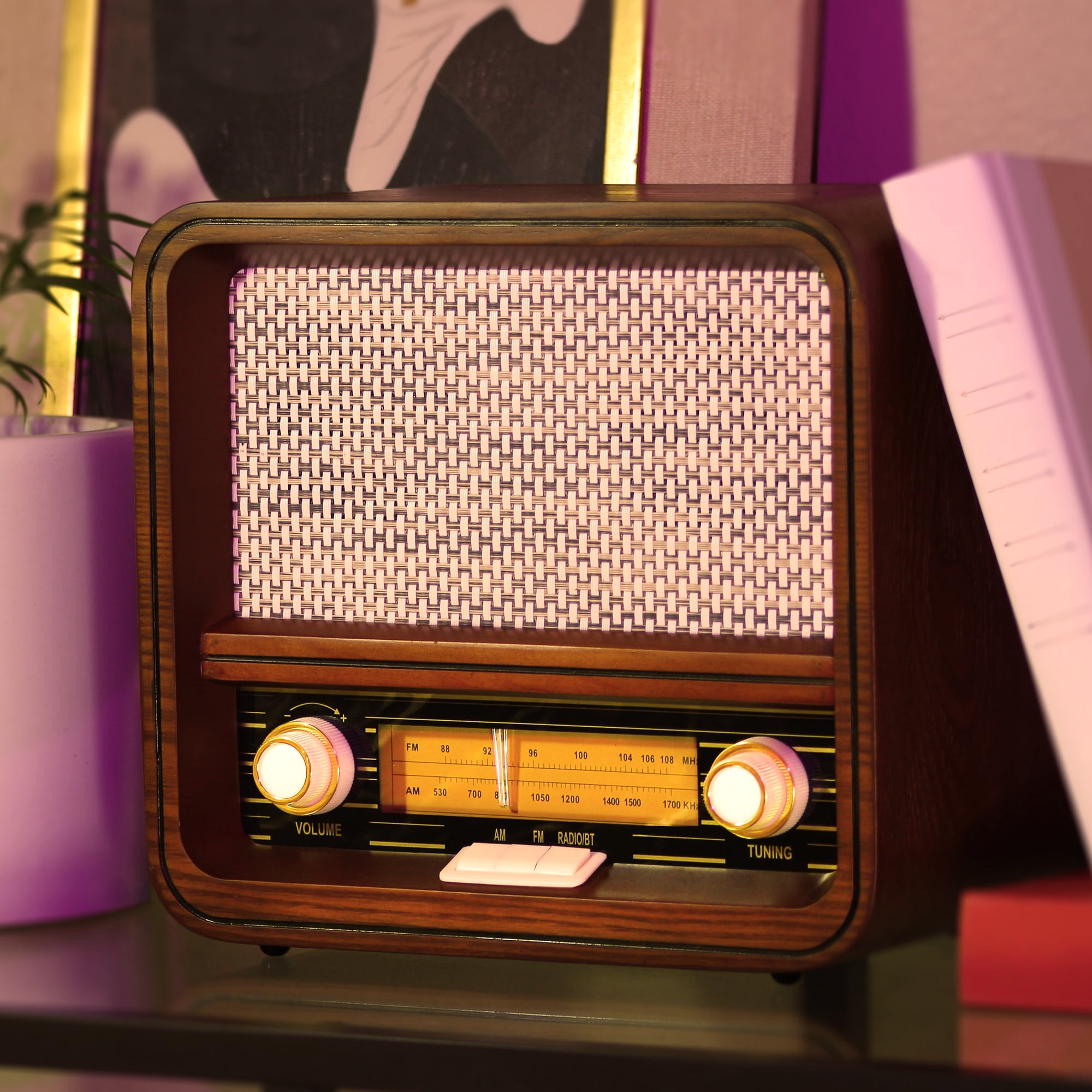 Fuse RAD Vintage Wood Retro Radio | AM/FM Radio with Bluetooth, Wireless Charger & AUX Input | Mid Century Modern Style | Handcrafted Ashtree Wood