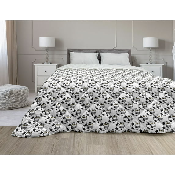 Soccer Down Alternative Comforter, Funny Panda Animals Playing with Balls Hand Drawn Style Hearts and Stars, Microfiber Quilt for All Season, 5 Sizes, Lime Green Black White, by Ambesonne