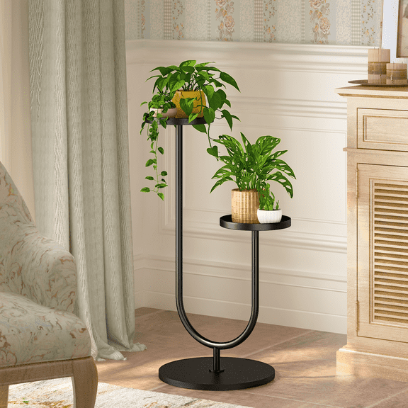 Bamworld Tall Plant Stand Indoor Outdoor, Corner Metal Plant Shelf, 2 Potted Flower Pot Holder for Patio Garden Balcony Living Room Bedroom(Black)